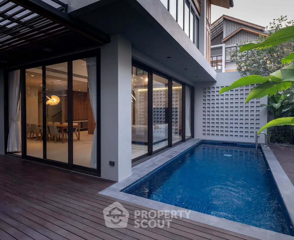 Luxurious modern home with private pool and elegant interior design, perfect for relaxation and entertainment.