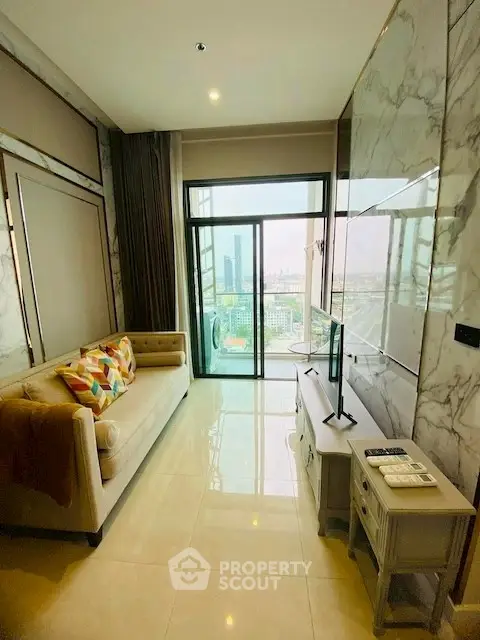 Luxurious living room with stunning city view and elegant decor
