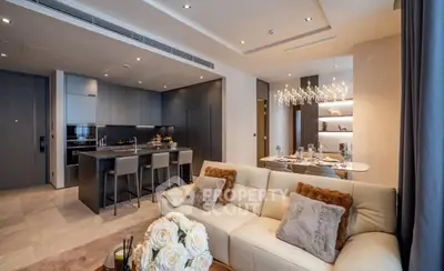 Luxurious modern living room with open kitchen and elegant dining area