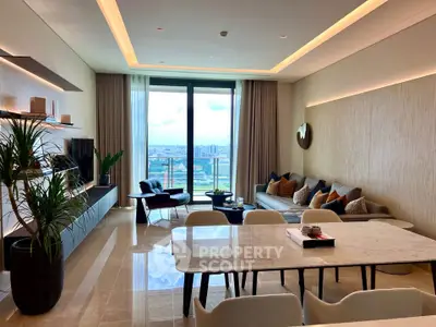 Luxurious modern living room with stunning city view and elegant decor