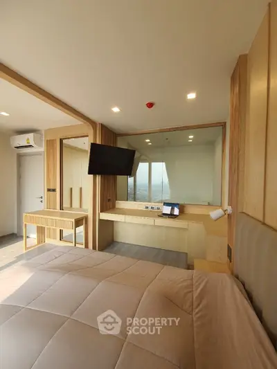 Modern bedroom with panoramic view and stylish wooden decor