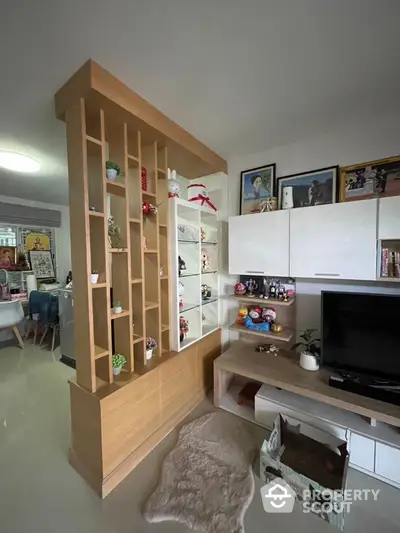 Stylish living room with modern shelving and decor