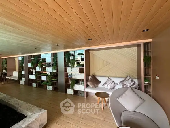 Stylish modern living room with wooden ceiling and unique shelving design