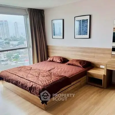 Modern bedroom with city view and stylish wooden furnishings
