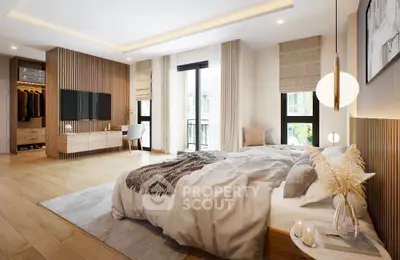 Spacious modern bedroom with elegant decor, large windows, and a cozy ambiance, perfect for relaxation.