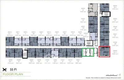 Detailed floor plan of 33rd floor showcasing apartment layouts and dimensions.