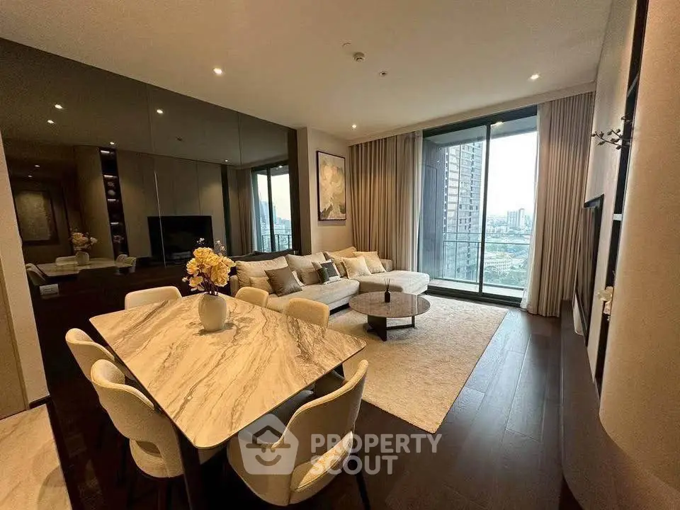 Luxurious modern living room with city view and elegant dining area