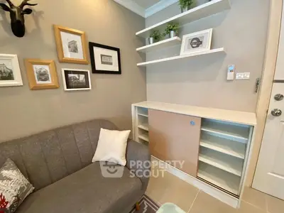 Cozy living room with modern decor and built-in shelving