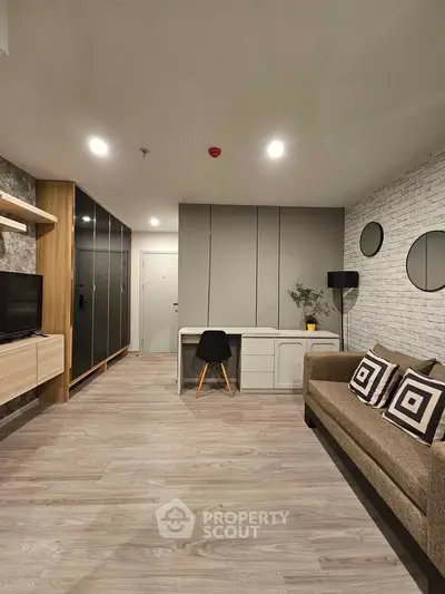 Modern living room with stylish decor and ample storage space