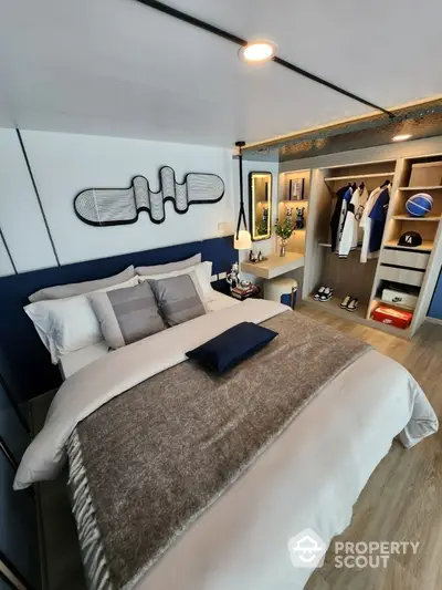 Modern bedroom with stylish decor and open closet design