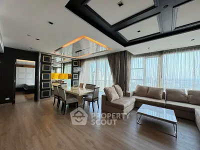 Luxurious modern living room with elegant furniture and panoramic city views