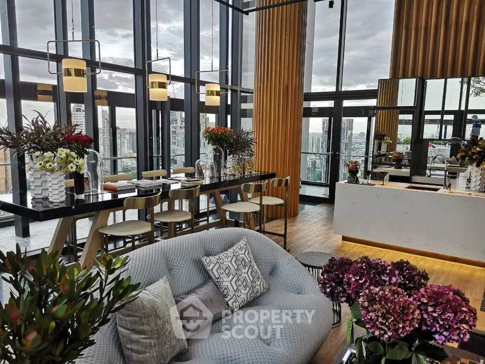 Luxurious modern living room with panoramic city views and elegant decor
