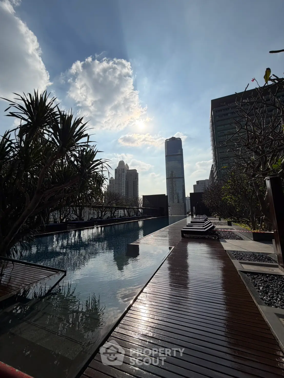 Luxurious rooftop pool with stunning city skyline view and modern design.
