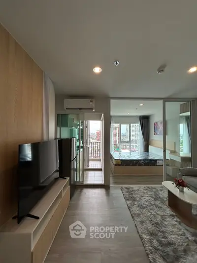 Modern apartment interior with open layout and city view