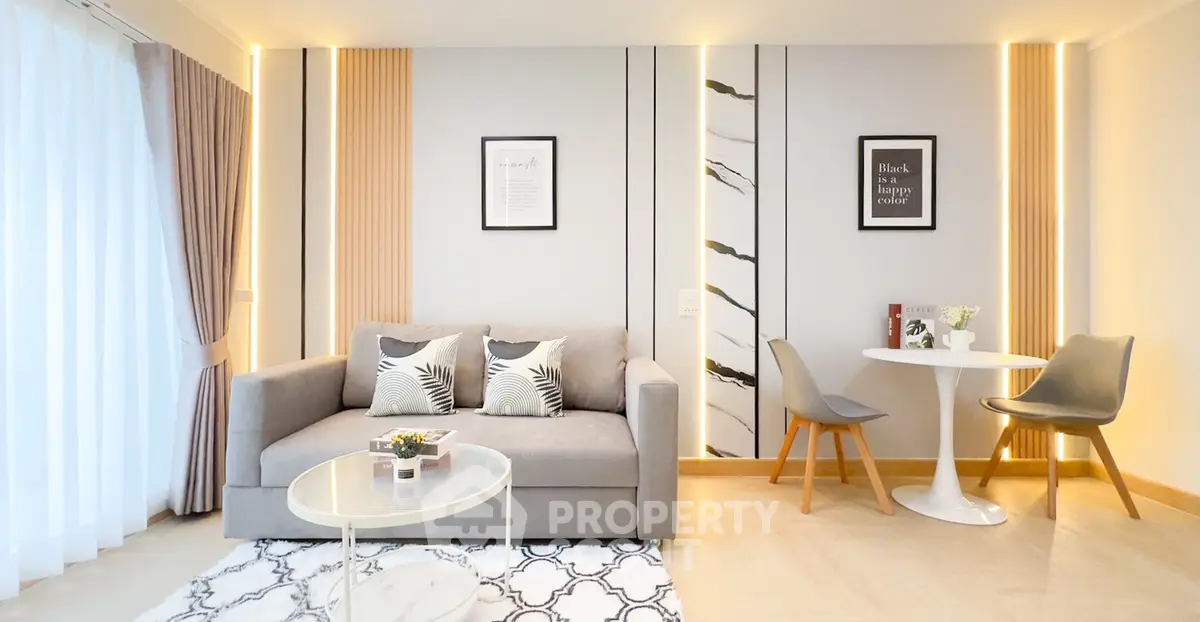 Modern living room with stylish decor and cozy seating area