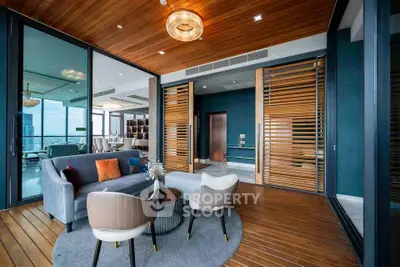 Luxurious modern living room with elegant decor and stunning city view