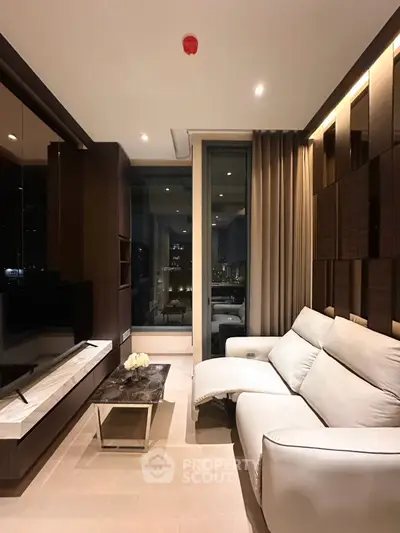 Luxurious modern living room with city view and elegant furnishings.