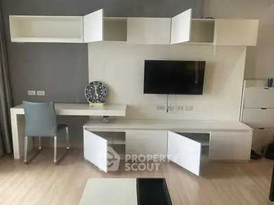 Modern living room with sleek white furniture and wall-mounted TV, perfect for contemporary urban living.