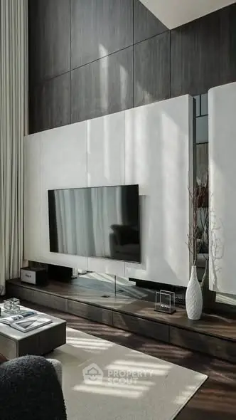 Luxurious modern living room with high ceilings and sleek decor