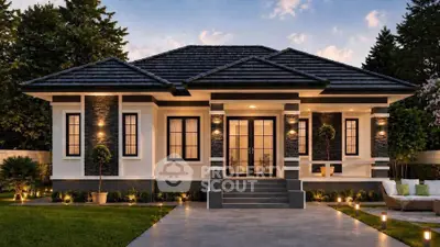 Charming modern bungalow with elegant facade and lush garden, perfect for serene living.