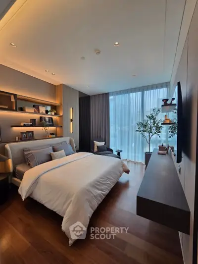 Luxurious modern bedroom with elegant decor and large window view