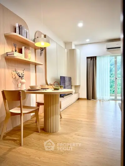 Modern living room with stylish decor and natural light, featuring a cozy dining area and scenic balcony view.