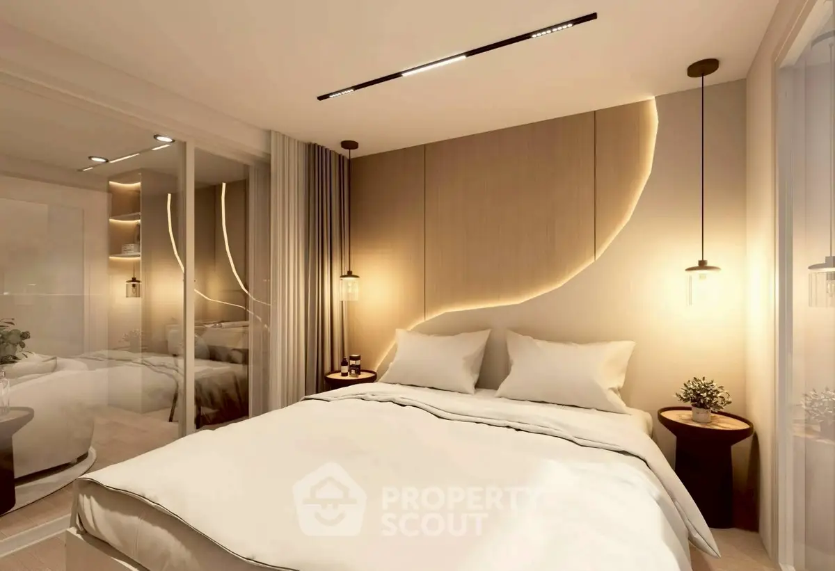 Luxurious modern bedroom with ambient lighting and elegant decor