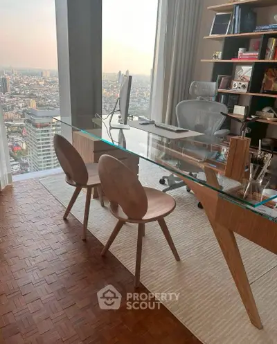 Luxurious home office with stunning city view and modern glass desk