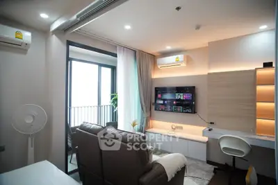 Modern living room with balcony, sleek furniture, and wall-mounted TV in a stylish apartment.