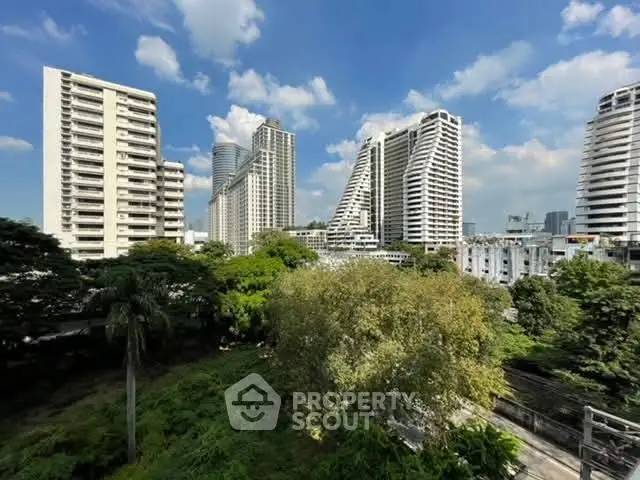 Stunning cityscape view of modern high-rise buildings with lush greenery under a clear blue sky.