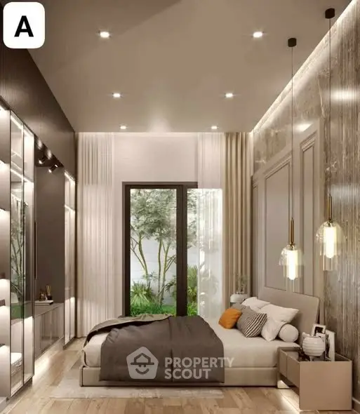 Luxurious modern bedroom with elegant lighting and large window view.