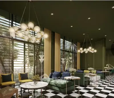 Luxurious modern living room with elegant chandeliers and stylish furniture, featuring large windows and chic decor.