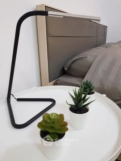 Modern bedroom with sleek lamp and stylish succulents on a white table, creating a cozy ambiance.