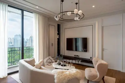 Luxurious living room with city view and modern decor