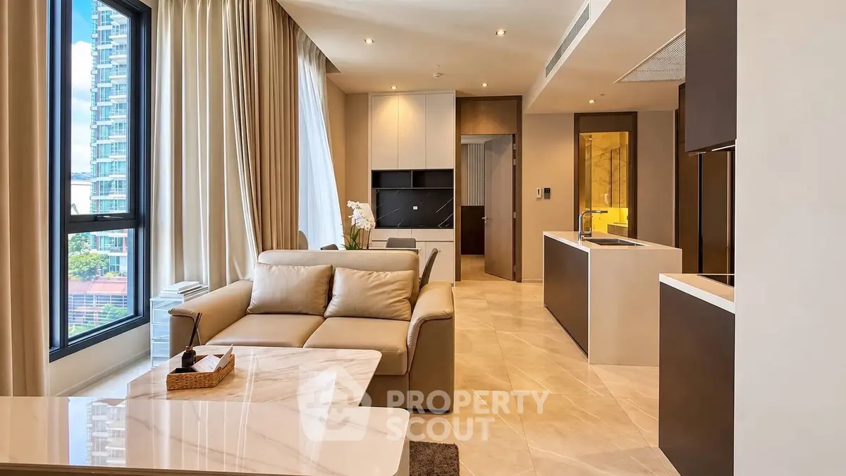 Luxurious modern living room with elegant furnishings and city view, perfect for urban living.