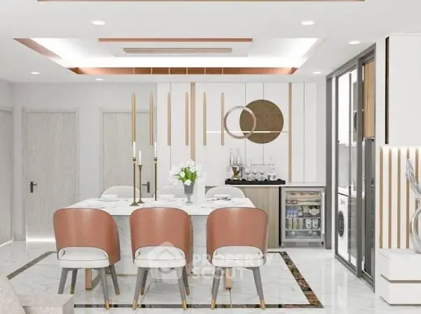 Elegant dining room with modern decor and stylish lighting in a luxurious home.