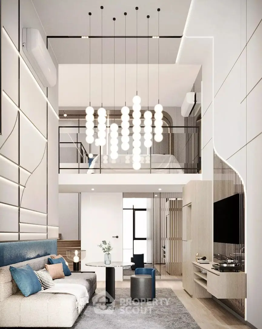 Luxurious double-height living room with modern mezzanine bedroom, elegant lighting, and chic minimalist decor in a high-end urban apartment.
