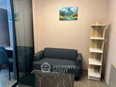 Modern living room with sleek sofa and stylish shelving unit