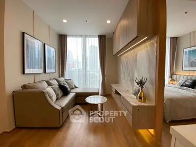 Modern living room with elegant decor and city view, featuring cozy sofa and stylish wooden accents.