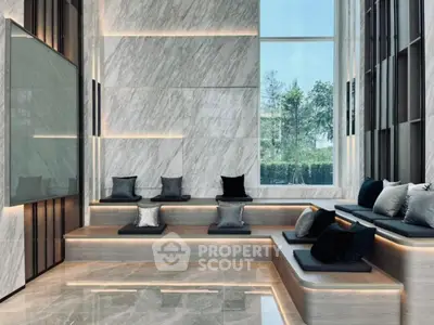 Luxurious modern living room with marble walls and large windows