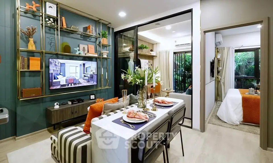 Stylish open-plan living room with modern decor and dining area, perfect for entertaining.