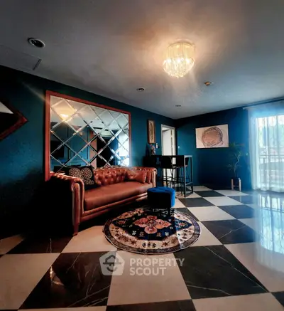Luxurious living room with elegant decor and checkered flooring