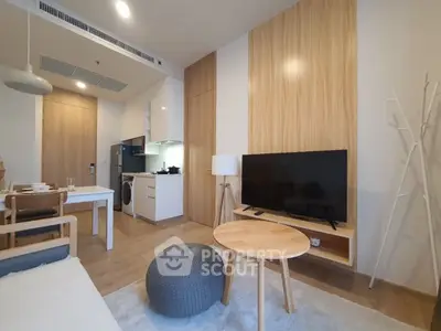 Modern living room with stylish wooden accents and open kitchen layout