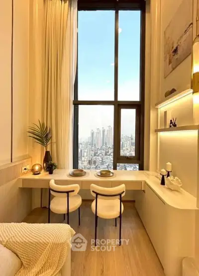 Luxurious high-rise apartment with stunning city view and elegant interior design.