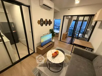 Modern living room with balcony view in stylish apartment