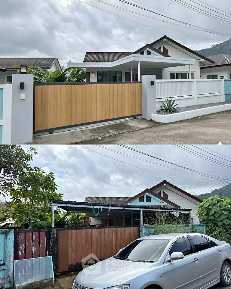 Charming single-story house with modern gate and mountain backdrop, perfect for serene living.
