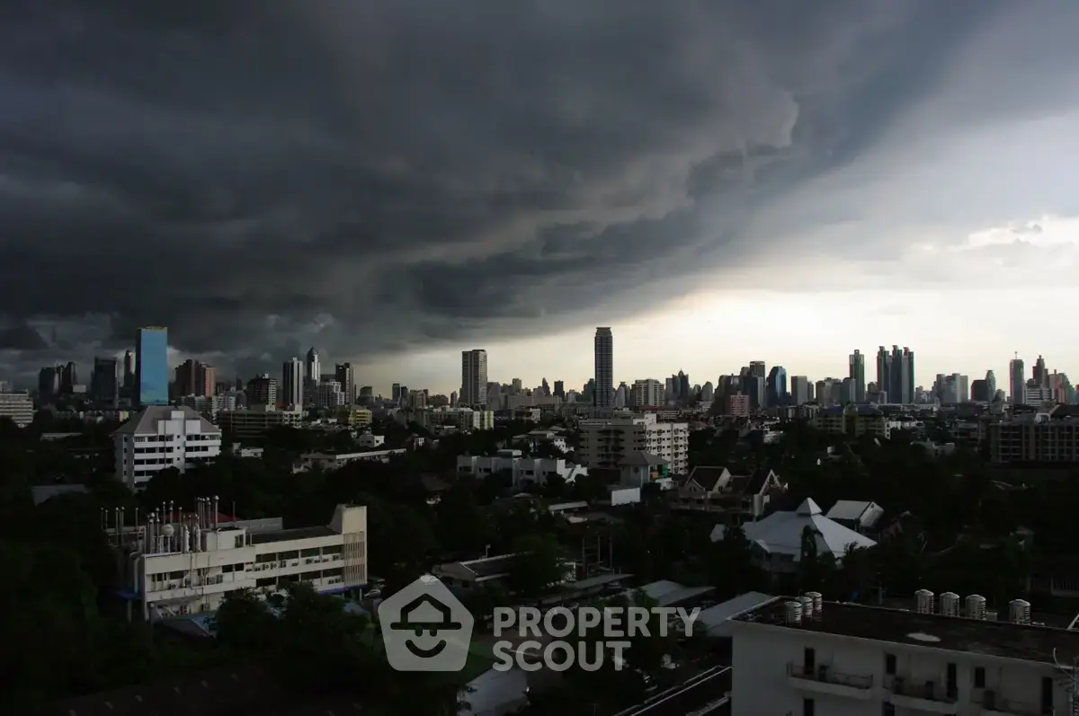 Dramatic city skyline with storm clouds over urban landscape