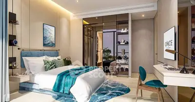 Luxurious modern bedroom with elegant decor and large window view