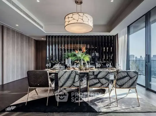 Luxurious dining room with modern decor and city view, perfect for elegant gatherings.