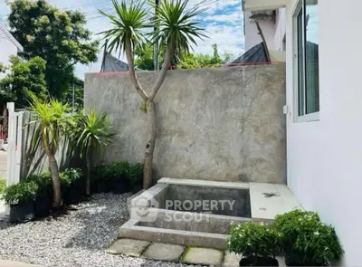 Charming garden corner with small pool and lush greenery in modern home exterior.